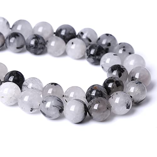 12MM 30PCS Natural Crystal Stone Black Rutile Quartz Gemstone 2A Grade Loose Beads for Jewelry Making DIY Bracelet Necklace Semi Precious Beads 1 Strand - color: Black Rutile Quartz, size: 12mm