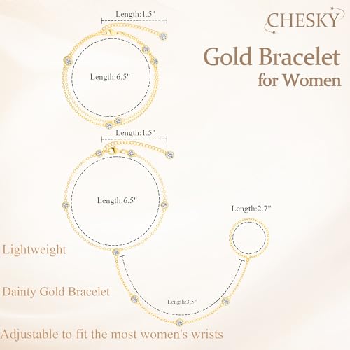 CHESKY 14K Gold Plated Hand Chain Bracelets for Women Set - Dainty Finger Ring Bracelet Stack Adjustable Hand Chains Durable Beaded Bracelets Trendy Simple Body Jewelry Gift for Women - style: 3CZ bracelet-gd