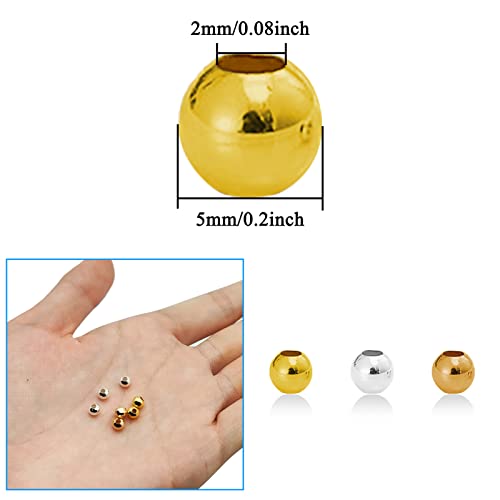 600Pcs 5mm Spacer Beads for Jewelry Making Metallic Plated Beads Smooth Seamless Round Loose Connector Beads Metal Crimp Stopper Beads for DIY Earring Necklace Bracelet Making (Gold, Silver, KC Gold) - color: 5mm, Gold Silver KC Gold