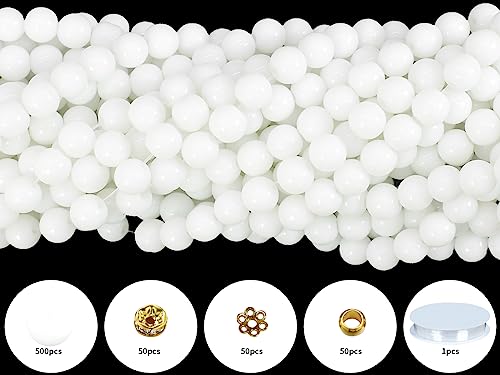 650PCS 8mm Snow White Glass Beads for Jewelry Making,Round Smooth Beads, Bracelet Space Loose Beads for Earring, Necklaces-Adult Craft Supplies - size: 8mm White #361