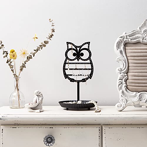 NIKKY HOME Earring Holder Hanging Organizer Stand Metal Jewelry Tree Table Top Owl Ear Stud Holder Tower Rack with Ring Tray for Girls (134 Holes), Black - color: Black