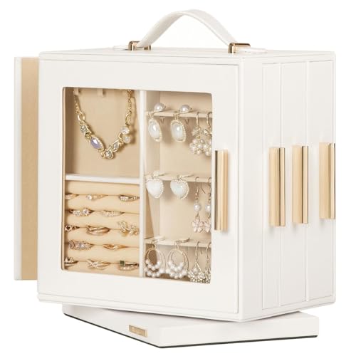 Homde Mothers Day Gifts Jewelry Box 360° Rotating, Necklace Earring Organizer with Transparent Window, Mirror, 7 Drawers, Large Ring Display Storage Case for Girls Women (White) - color: White