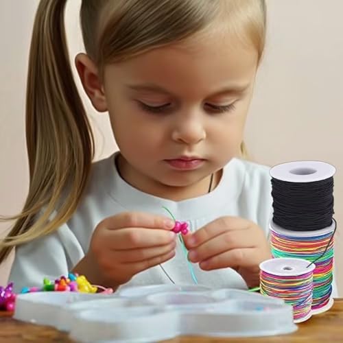 Elastic Jewelry Thread, 1mm Braided Thread, Used for Making Bracelets, Necklaces, DIY Crafts, Each roll 50 Meters, 4 Rolls 200 Meters (2 Black+2 Color) - color: 2 Black+2 Colorful