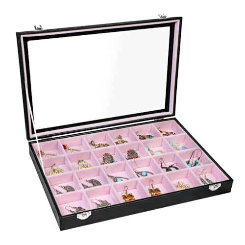 Stratalife Earring Organizer Velvet Jewelry Organizer Box Jewelry Display Storage Tray Ring Case with Clasp for Women 24 Grid (Pink Black) - color: Pink-Black, size: 24 Grid