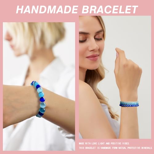 Vinswet 4pcs Beaded Bracelets for Women,Natural Healing Crystal Gemstones Bracelet,Anxiety Stress Relief Bracelet Handmade purple Jewelry Gifts for Women - color: Light blue cat eyes&Blue cat eyes&Dark blue cat eyes