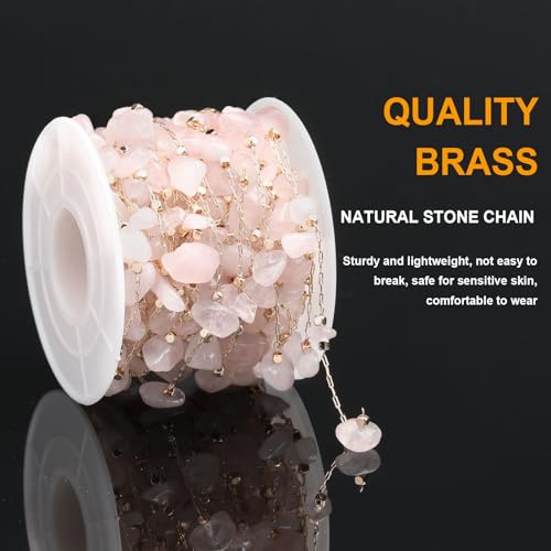 KYUNHOO 5 Meters Brass Jewelry Making Chains Light Pink Natural Gemstone Supplies Gold Plated Chain Bulk for DIY Jewelry Findings - color: Natural Stone-Light Pink