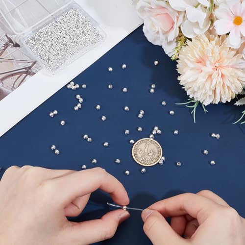 PH PandaHall 300pcs 925 Sterling Silver Plated Round Beads, 4mm Seamless Smooth Beads Waist Bead Round Ball Bead Brass Loose Spacers for Bikini Belly Chain Layered Bracelet Jewelry Making - size: 4mm