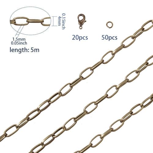 SUNNYCLUE 16.4Feet/ 5m Antique Bronze Curb Cable Chain Link Necklace Paperclip Chain Large 20Pcs Brass Lobster Claw Clasps 50Pcs Brass Jump Rings Jewelry Chains for Jewelry Making Supplies DIY Craft - color: Antique Bronze 10x4.8mm links