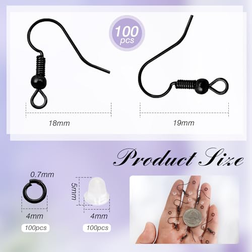 TOAOB 300pcs Earring Hooks Kits Black French Ear Wires with Ball and Coil 18mm Fish Hook Earring Making Supplies with Jump Rings and Clear Silicone Ear Backs for DIY Jewelry Findings - color: Black