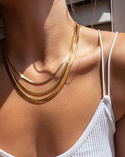 CHESKY Gold Necklace for Women-14K Plated/S925 sterling silver Snake Chain Necklace Dainty Simple Chunky Herringbone Necklace Gold Choker Necklaces Jewelry for Women Mothers Day Gifts for Mom - color: gold, style: 3mm 16.5 inch snake