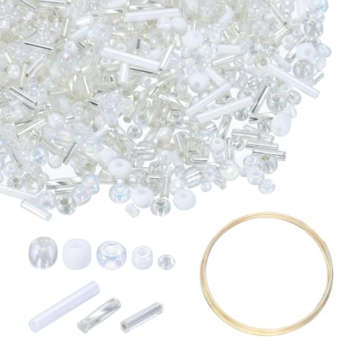 uxcell 3000pcs Glass Seed Beads, 1.5-4.5mm Small Embroidery Bugle Beads Assorted Tube Bead Loose Kit for Jewelry Making DIY Craft Beading Bracelets Necklace Earring (White) - color: White