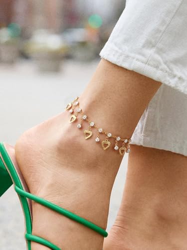 U7 Women Girls Barefoot Jewelry 18K Gold or Rose Gold Stainless Steel Heart/Rope/Figaro/Cuban Chain Anklet Foot Bracelet, 25-30 CM Long - color: Gold Plated-White-Heart Charm