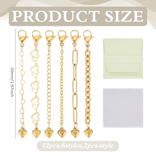 CRAFTYMELODY 12Pcs 18K Gold Necklace Extenders 6 Style Necklace Bracelet Extension Chains Neacklaces Extender Chain with Heart Charms Jewelry Findings for Jewelry Making