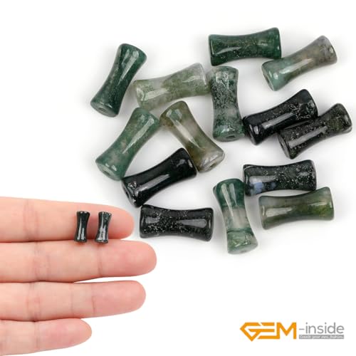 GEM-Inside 30Pcs 5x12mm Natural Green Moss Agate Stone Semi Gemstone Plant Bamboo Knot Bone Beads for Jewelry Making Power Energy Chakra Stone Beads - color: Green Moss Agate