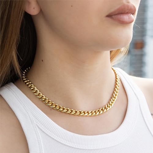 WomenGifts Cuban Link Chain Necklace for Women, Waterproof 14k Gold Silver Plated Chain Choker, Non Tarnish Stainless Steel Jewelry, 3.5/5/6/8/11mm,14/16/18 Inch Thin&Chunky&Thick - color: Gold, style: 8MM-14"
