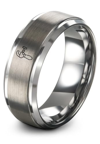 Chain Tool Ring - Gift for Cyclist - 8mm - Band - Gunmetal Black Silver - Personalized Custom Engraving - Men Women - Anniversary Engagement Wedding - Tungsten Carbide - Flat Dome Bevel - color: 09 - Grey Tungsten
