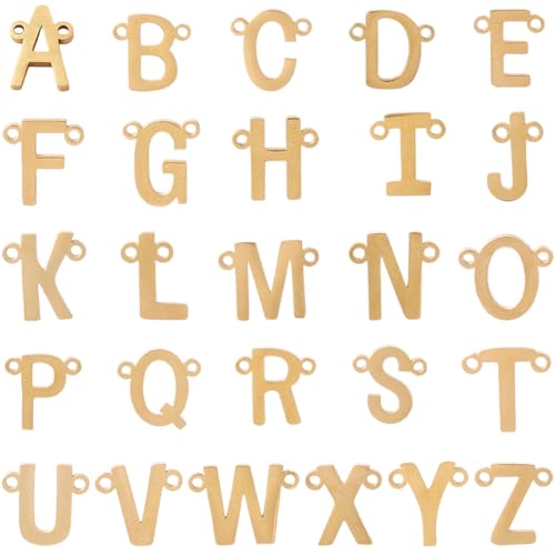 SUNNYCLUE 1 Box 26Pcs Initial Letter Connector Charm Gold Alphabet Charms Bulk Stainless Steel Capital A to Z Chic Links 2 Hole Pendants for Jewelry Making Findings DIY Name Bracelet Necklace Women - color: Gold