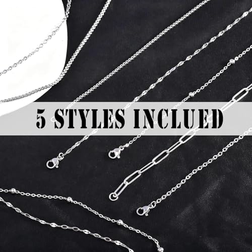stino 20 Pack (5 Styles) No Tarnish Stainless Steel Chains for Jewelry Making, Bulk Silver Plated Chains, Satellite, Paper Clip, Lip, Rolo, Cable Mixed Styles (Silver (23 inch)) - color: Silver (23 inch)