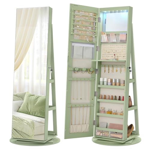 SONGMICS 6 LEDs Lockable Mirror Jewelry Cabinet, 360° Swivel Jewelry Organizer Armoire Standing, Full-Length Mirror with Storage, Mothers Day gifts for Mom, Laurel Green, Cream White Lining UJJC007C01 - color: Laurel Green + Cream White