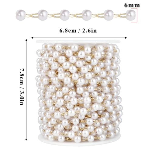 33 Feet Gold Pearl Beads Chains Roll, 6mm Faux Pearls Beaded Gold Plated Brass Cable Link Chain Spool Bulk for Jewelry Making DIY Craft - color: 6.0MM Gold Color