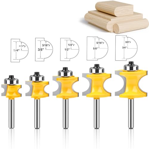 5PCS Bullnose Beading Router Bits with 1/4-Inch Shank Carbide-Tipped Corner Beading Bits Set Radius:1/4",3/8",1/2",5/8",3/4"