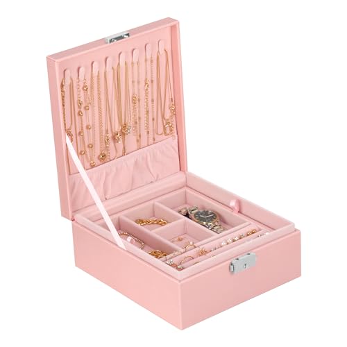 Prestige & Fancy 2 Layer Jewelry Box Organizer for Men, Women & Girls 8.5 x 7.5 x 3.3 in | PU Leather Pink Jewelry Storage Organizer | jewelry storage box for Rings, Necklace & Bracelets - color: Pink