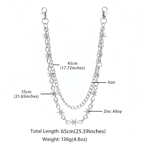 Layered Punk Pants Chain for Men Women, Gothic Hip Hop Jean Chain Wallet Chain Biker Trouser Chain, Goth Emo Fashion Keychain Accessories - color: 2L-Silver Barbed