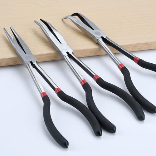 3-Piece 11" Precision Long Nose Pliers Set with Insulated Comfort Grip Handles,Straight Long Needle Nose Pliers,25/45 Degree Angle Curved Pliers for Wire Bending,Shaping,Trimming - size: 3pcs-Straight/25/45