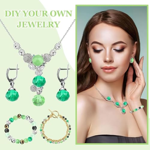 1000pcs Green Glass Beads for Jewelry Making - Assorted Size and Styles (Bicone, Rondelle, Suquare, Four-Leaf Clover, Crackle Round) Craft Crystal Beads for Bracelet Necklace Earring with 1 Box