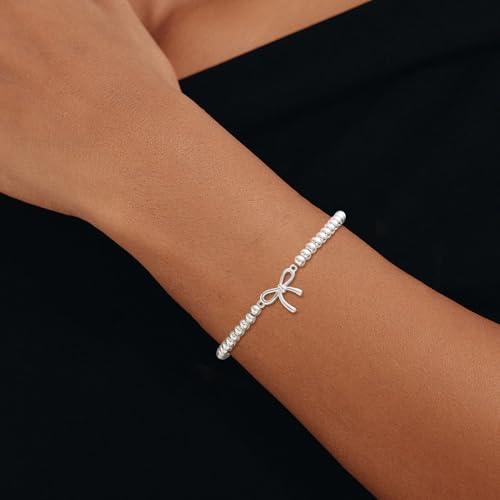 Mothers Day Gifts - Beaded Bracelets for Women 14K Silver Gold Plated Stretch Handmade Ball Bracelets Cute Charm Bracelet Dainty Stackable Cross Heart Bow Wave CZ Circle Trendy Jewelry Easter Gifts - color: bow-silver