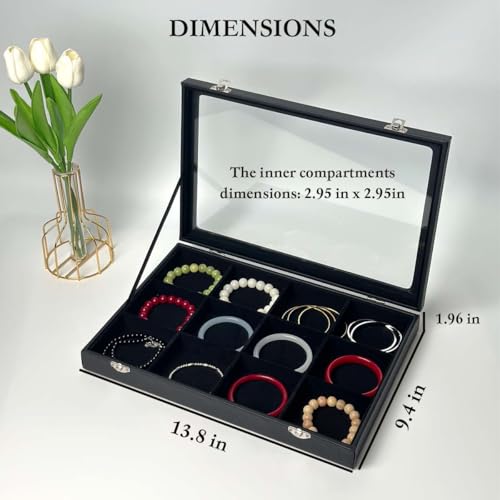 Black 12 Grid Jewelry Organizer Display Box with Transparent lid Bracelets Display Case Bracelet Box with Clasp Bangle Organizer Drawer Insert Bangle Brooch,Gift for Women Girls(12 Grid) - color: 12 Grid
