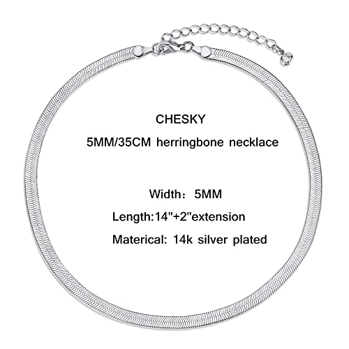 CHESKY Gold Necklace for Women-14K Plated/S925 sterling silver Snake Chain Necklace Dainty Simple Chunky Herringbone Necklace Gold Choker Necklaces Jewelry for Women Mothers Day Gifts for Mom - color: silver, style: 5mm 14 inch snake