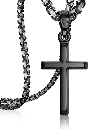 Exquisite Cross Necklace for Men and Women, Silver/Gold/Black Cross Chain with Top-grade 316L Stainless Steel Cross Pendant, 18-24 Inch Box/Byzantine Chains - color: Mystic Black, size: 22 Inch=56CM(Men's Average Length), style: Byzantine Chain with Mediu