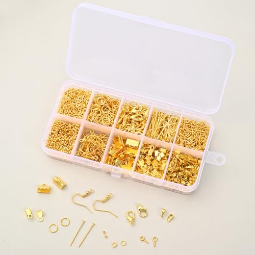 GSHLLO Jewelry Making Supplies Kit Jewelry Findings Starter Kit Earring Repairing Open Jump Rings Bracelet Necklace Lobster Clasps with Box for DIY Crafts Golden - color: Golden