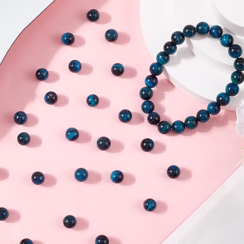 1 Box 50Pcs Blue Tiger Eye Beads Natural Agate Beads Loose Bulk Round Gemstone Dark Blue Black Polished Spacers for Jewelry Making Findings Bracelets Necklace Earrings DIY Crafts Beginners
