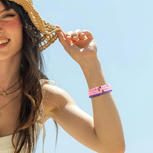 Friendship Bracelet Beaded Bracelet Heishi Surfer Bracelets Set Polymer Clay Heishi Beads Stretch Bracelets Preppy Bohemian Summer Beach Bracelets for Women - color: Purple