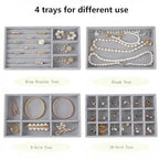 Velvet Drawer Jewelry Organizer Tray, Small Flat Jewelry Organizer for Drawer, Dresser Stacking Display Inserts for Jewelry Accessories in Dresser, Grey Set of 4