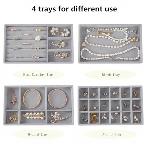 Velvet Drawer Jewelry Organizer Tray, Small Flat Jewelry Organizer for Drawer, Dresser Stacking Display Inserts for Jewelry Accessories in Dresser, Grey Set of 4