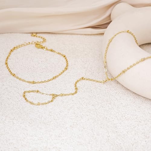 Gold Bracelets for Women Trendy, Dainty Gold Hand Chain Bracelet Stack 14k Gold Plated Finger Ring Bracelet Hand Chain Cz Layered Beaded Gold Bracelets for Women Non Tarnish Gold Jewelry Gift - style: layered satellite bracelet-gold