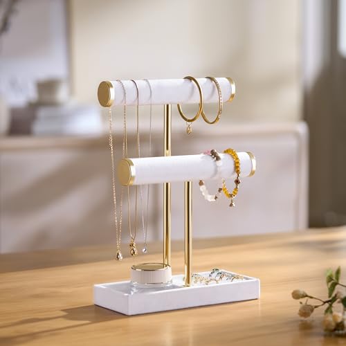 bussdis 2 Tier Bracelet Holder Display - Detachable T Bar White Velvet Bracelet Holder, Jewelry Holder Organizer for Bracelet, Necklace, Earrings, Rings - color: White