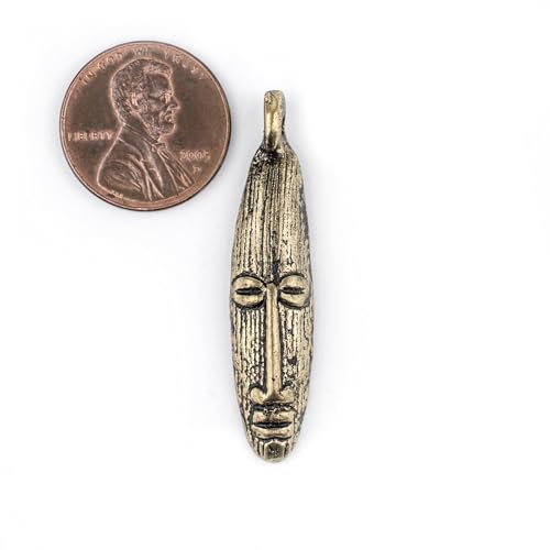 TheBeadChest Elongated Mask Brass Pendant from Africa (47x11mm): Genuine West African Mask Design for DIY Jewelry & Necklaces - color: Brass, size: Elonaged Charm (45x10mm)