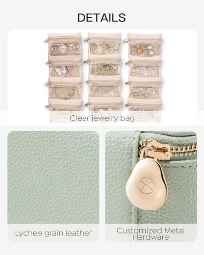 VLANDO Jewelry Organizer with 12 Velvet Jewelry Bags Travel Jewelry Case for Girls Premium Petal Hardware Jewelry Box Necklace Rings Earrings Bags Birthday Holidays Gifts for Self-Mint Green - color: 12PCS-Mint Green