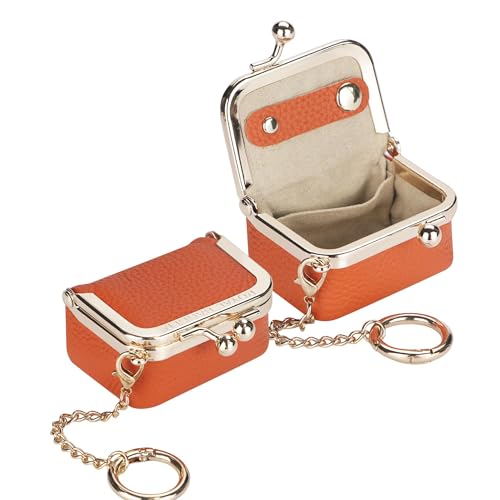 Royal Bagger Genuine Cow Leather Mini Jewelry Box Women's Coin Purse Solid Color Kiss Lock Change Pouch Casual Style Small Storage Bag for Women 1894 (Orange with Chain) - color: Orange with Chain