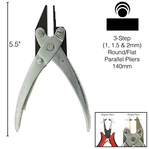 The Beadsmith 3-Step Round and Flat Nose Parallel Plier, Loops 1, 1.5, 2mm, 5.5 inches (140mm) Steel tool for jewelry making, with spring - style: 3-Step Round/Flastnose - 140mm