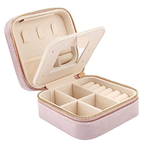 DesignSter Travel Jewelry Box - Velvet Mini Jewelry Organizer, Small Jewelry Case for Girls Women, Jewelry Storage Box for Rings Earrings Necklace (Square, Lotus Pink) - color: Lotus Pink, size: Square