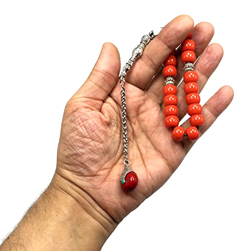 Simple Designed Natural Stone Worry Beads - Prayer Tesbih-Tasbih-Tasbeeh-Misbaha-Subha-Sebha-Sibha-Rosary (Candy Apple Red Resin Drum -13X9 mm- 19 Big Beads) - color: Candy Apple Red Resin Drum -13X9 mm- 19 Big Beads