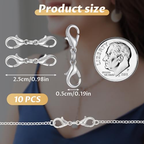 10 Pcs Double Lobster Clasp Extender Silver Necklace Chain Extenders Double Claw Connector Bracelet Necklace Extender for DIY Jewelry Making - color: Silver