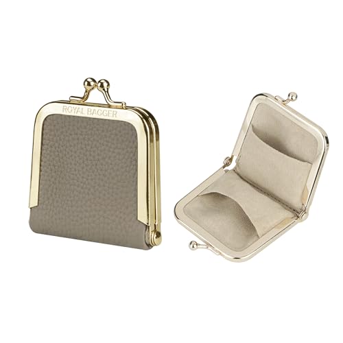 Royal Bagger Genuine Cow Leather Ultra-Slim Mini Jewelry Box, Ring & Necklace Storage, Slim Coin Purse with Kiss Lock for Women 3120 (Elephant Grey) - color: Elephant Grey