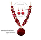 Layered Beads Statement Fashion Necklace Chunky Jewelry Set Big Colorful Glass Stone Circle Shell Pendant Choker Necklace and Earring Set for Women - color: burgundy