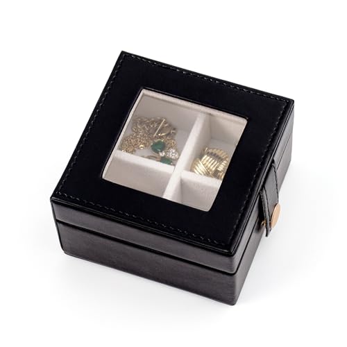 Small Leather Jewelry Box with Glass Top Mini Earring Display Case with 4 Grid for Selling Gift for Girls and Women (Black) - color: Black-A